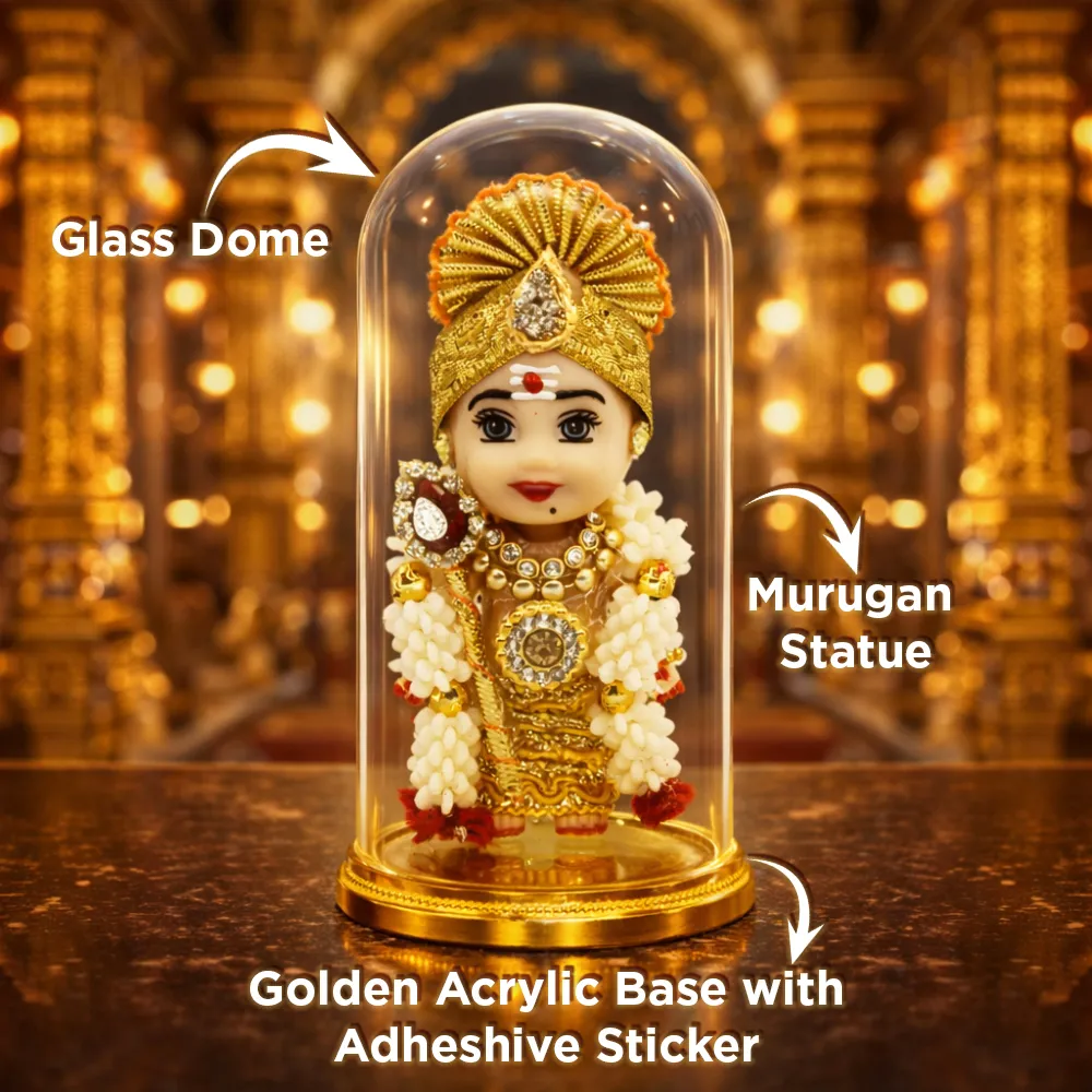 Little Murugan Statue in Glass Dome (Hand Made) with Strong Adhesive Sticker for Car Dashboard & Home Decor | Premium Spiritual Decorative Showpiece
